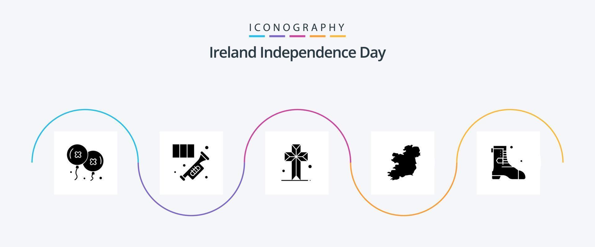 pack d'icônes glyphe 5 du jour de l'indépendance de l'irlande, y compris le démarrage. Irlande. trompette. carte. paroisse vecteur