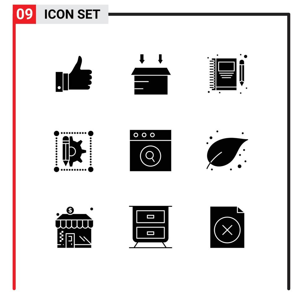 ensemble de pictogrammes de 9 glyphes solides simples d'éléments de conception vectoriels modifiables créatifs d'engrenage de note de stylo mac vecteur