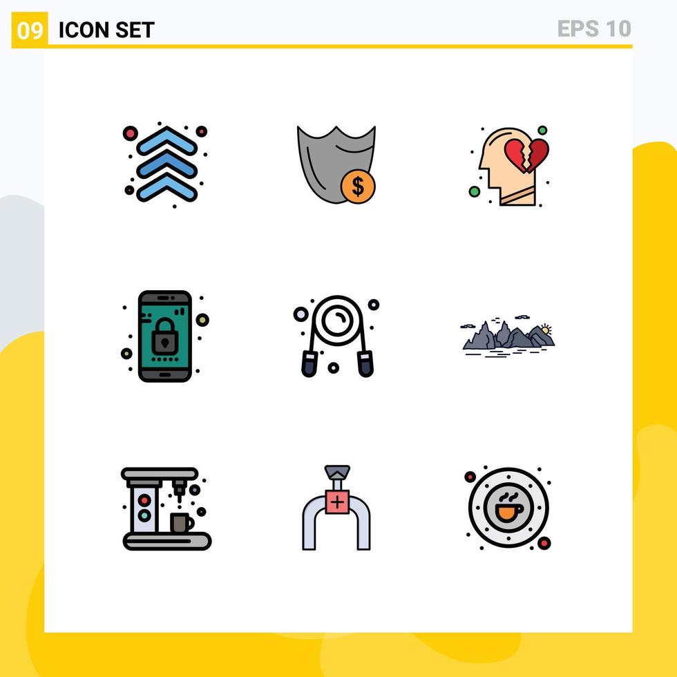 interface mobile fillline couleur plate ensemble de 9 pictogrammes d'éléments de conception vectoriels modifiables de tête d'application de sécurité de verrouillage de téléphone vecteur