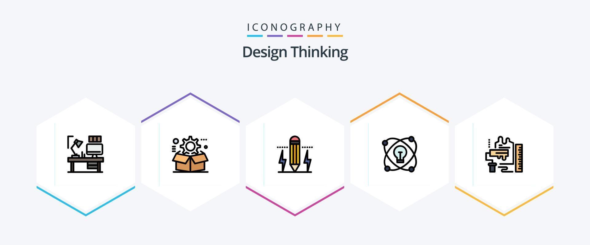 design thinking 25 pack d'icônes fillline incluant lightd. idée. paramètre. lumière. Éditer vecteur