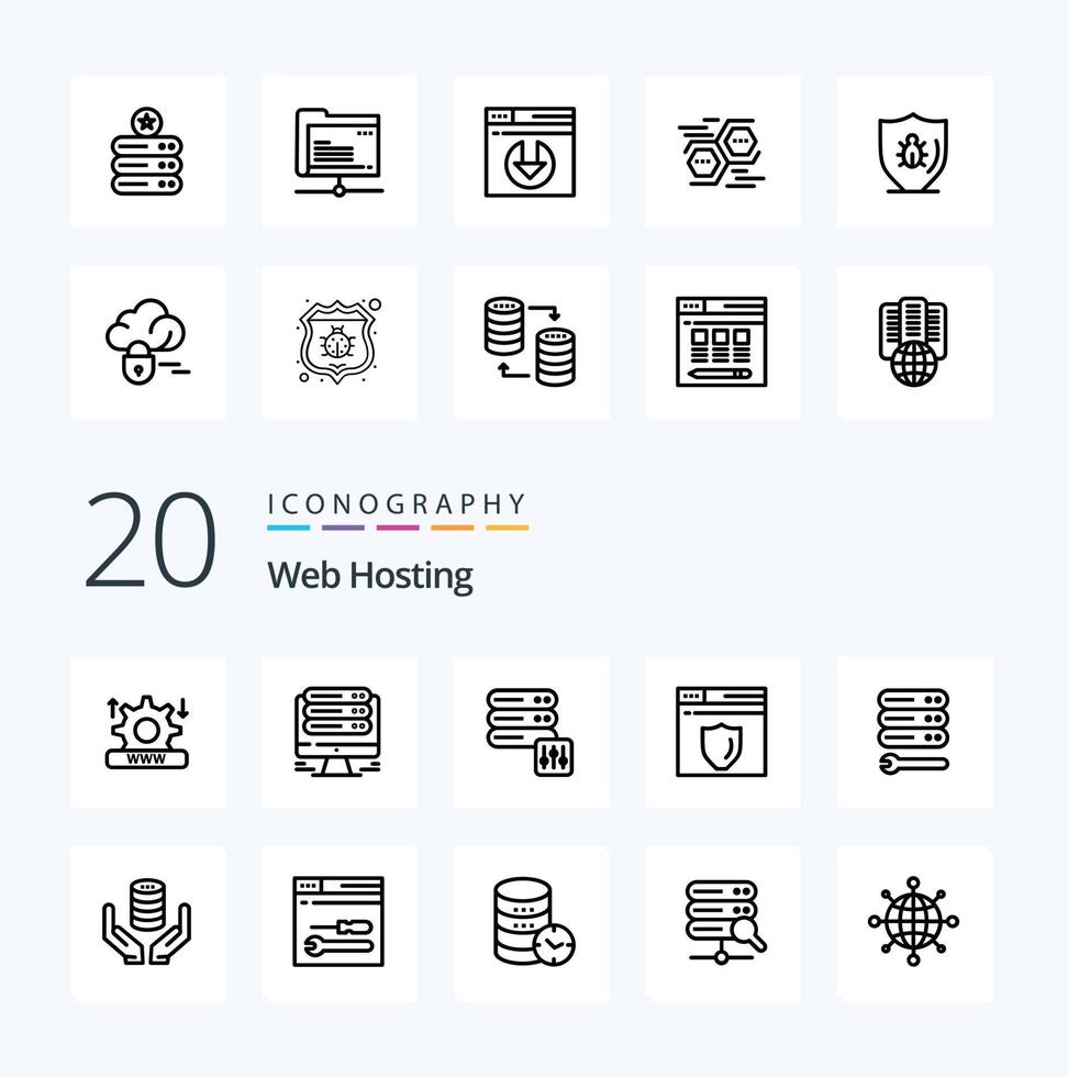 20 pack d'icônes de ligne d'hébergement Web comme bouclier sécurité d'hébergement de serveur Web vecteur