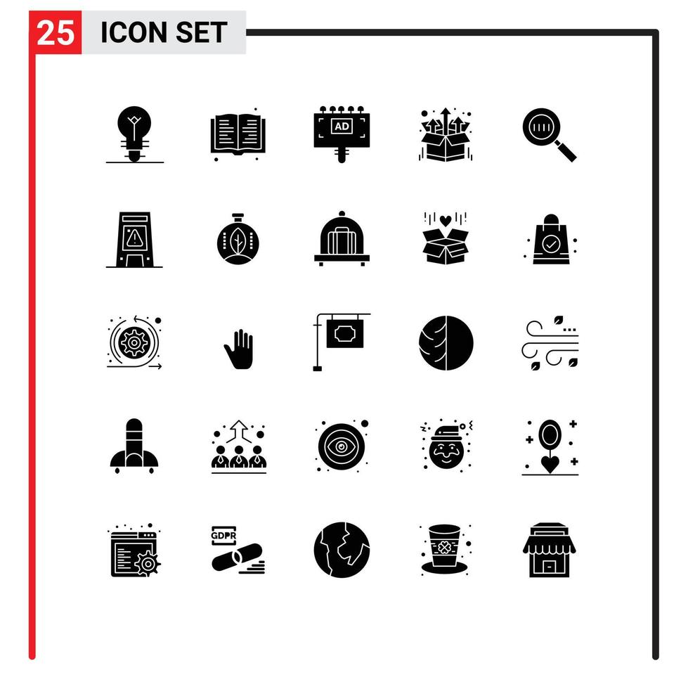 interface mobile glyphe solide ensemble de 25 pictogrammes d'éléments de conception vectoriels modifiables de produit de code de carte de recherche de code grossissant vecteur