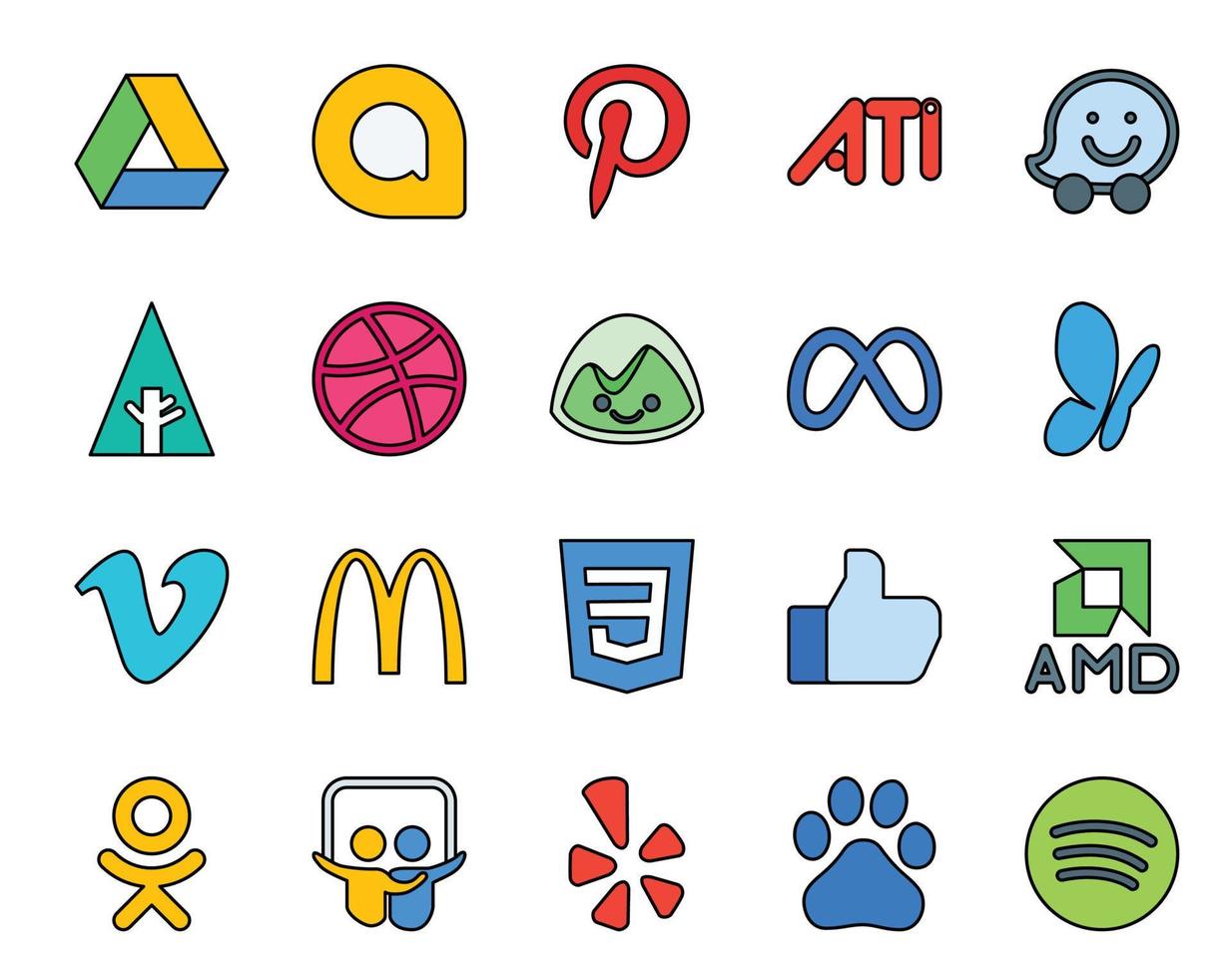 20 pack d'icônes de médias sociaux, y compris odnoklassniki comme une vidéo meta css vecteur