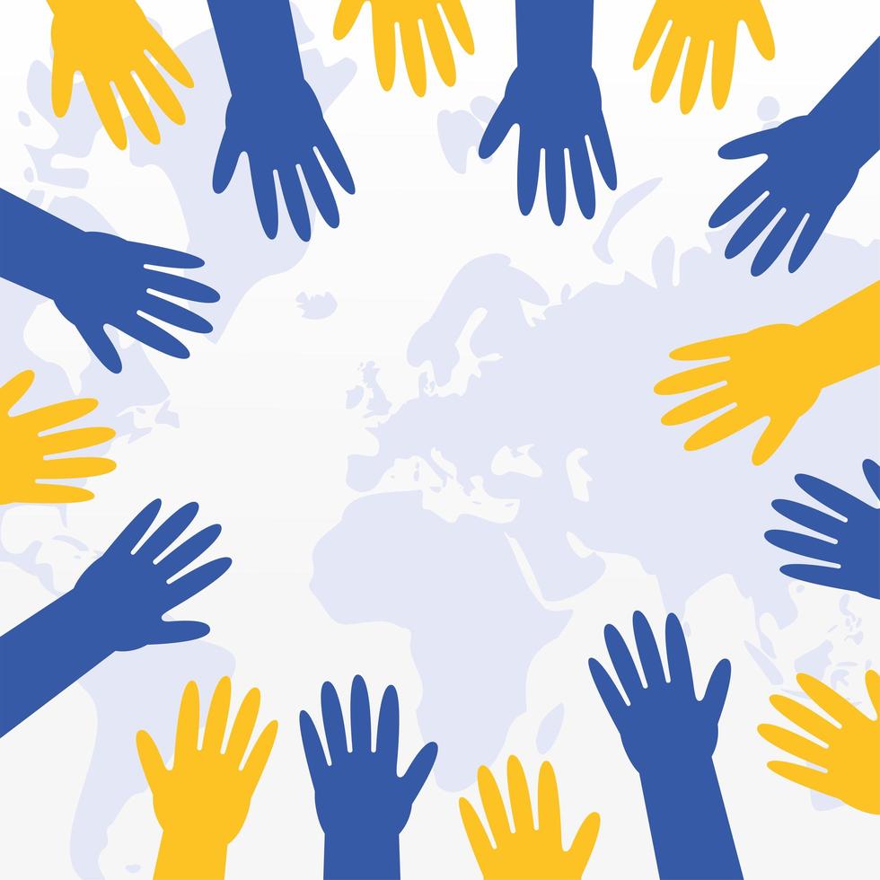 mains en jaune et bleu sur le globe pour le syndrome de Down vecteur