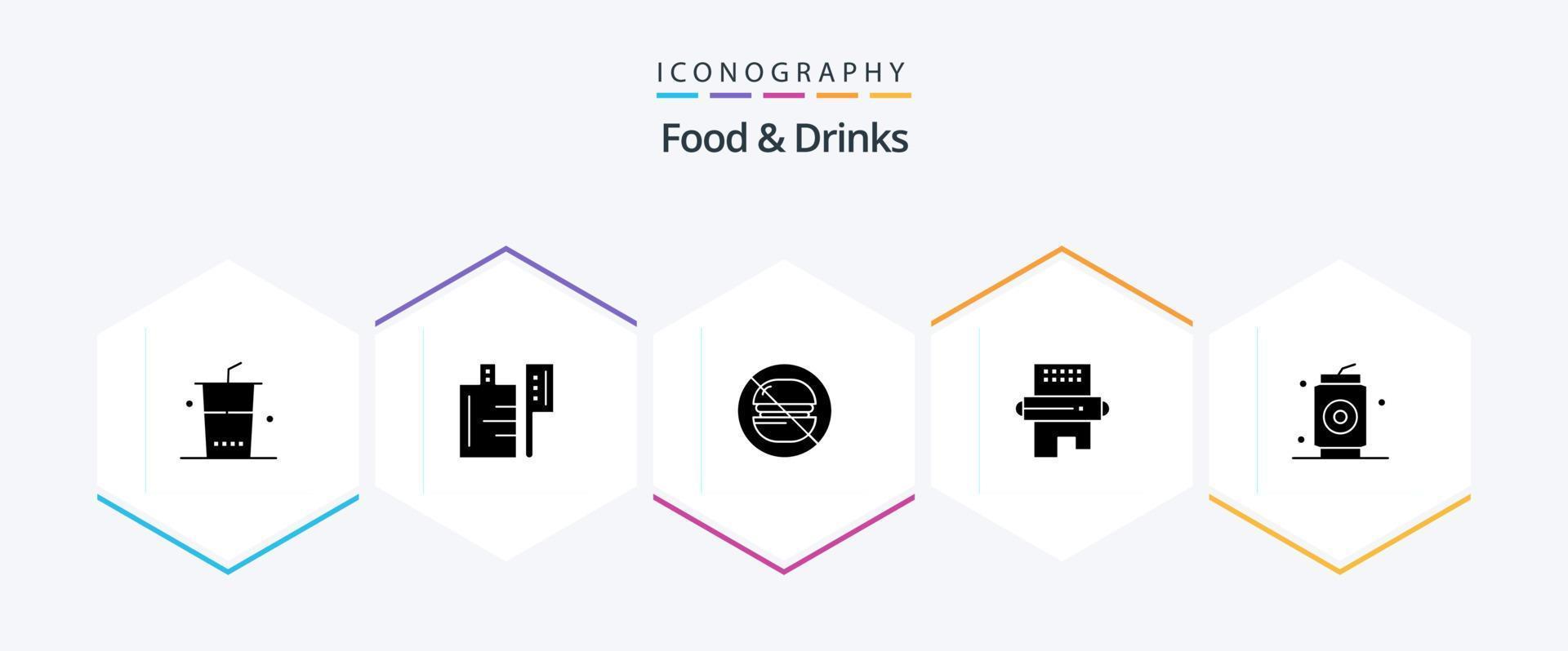 pack d'icônes de 25 glyphes de nourriture et de boissons, y compris la canette. épingler. nourriture. repas. boissons vecteur