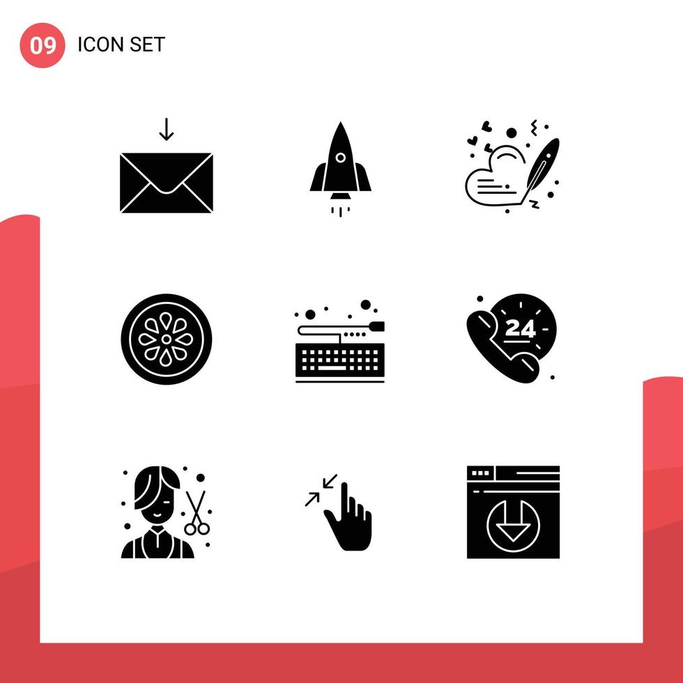 interface mobile glyphe solide ensemble de 9 pictogrammes d'éléments de conception vectoriels modifiables de boisson de coeur de citron de conseil d'administration vecteur