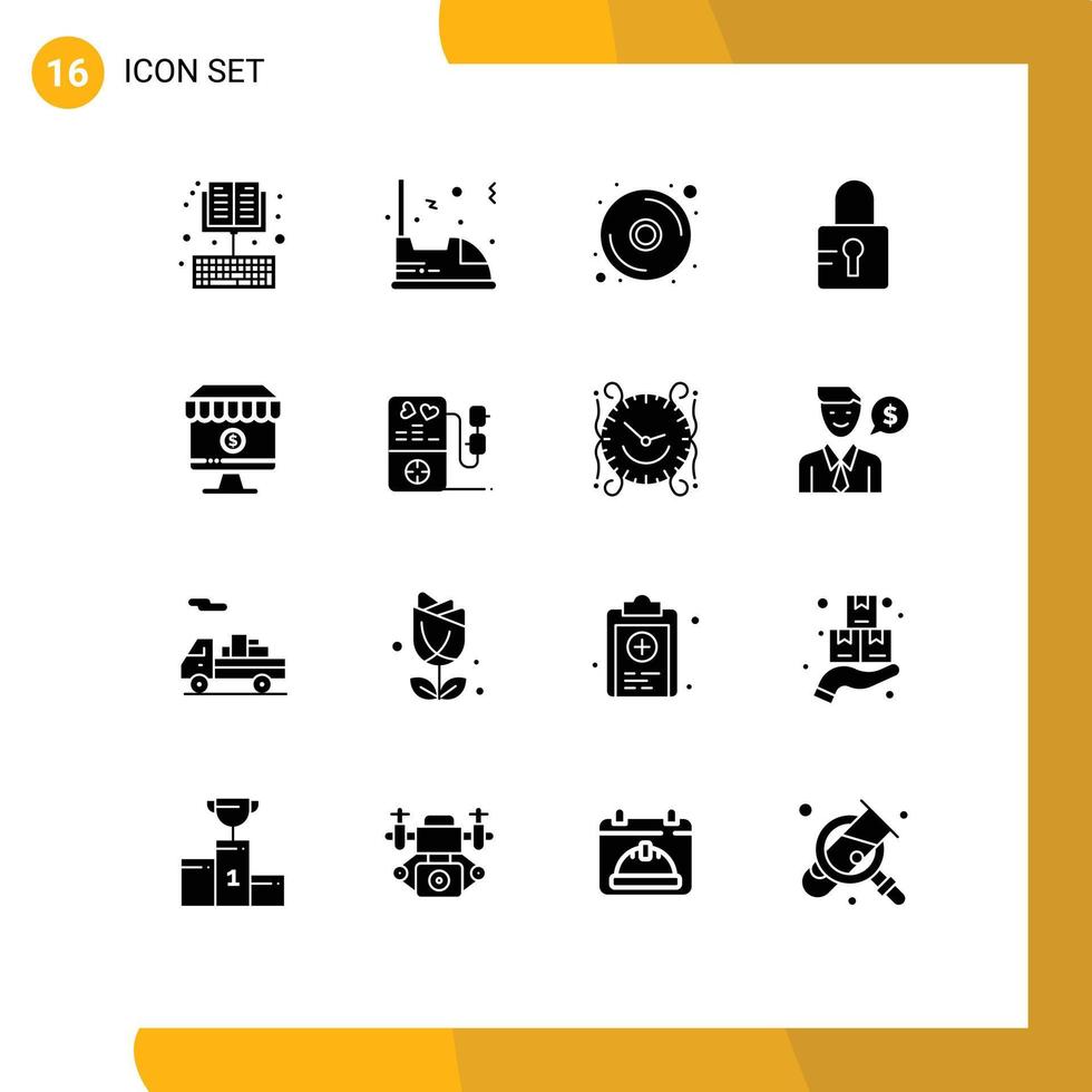 ensemble de pictogrammes de 16 glyphes solides simples d'éléments de conception vectoriels modifiables de dvd verrouillé de véhicule scolaire en ligne vecteur