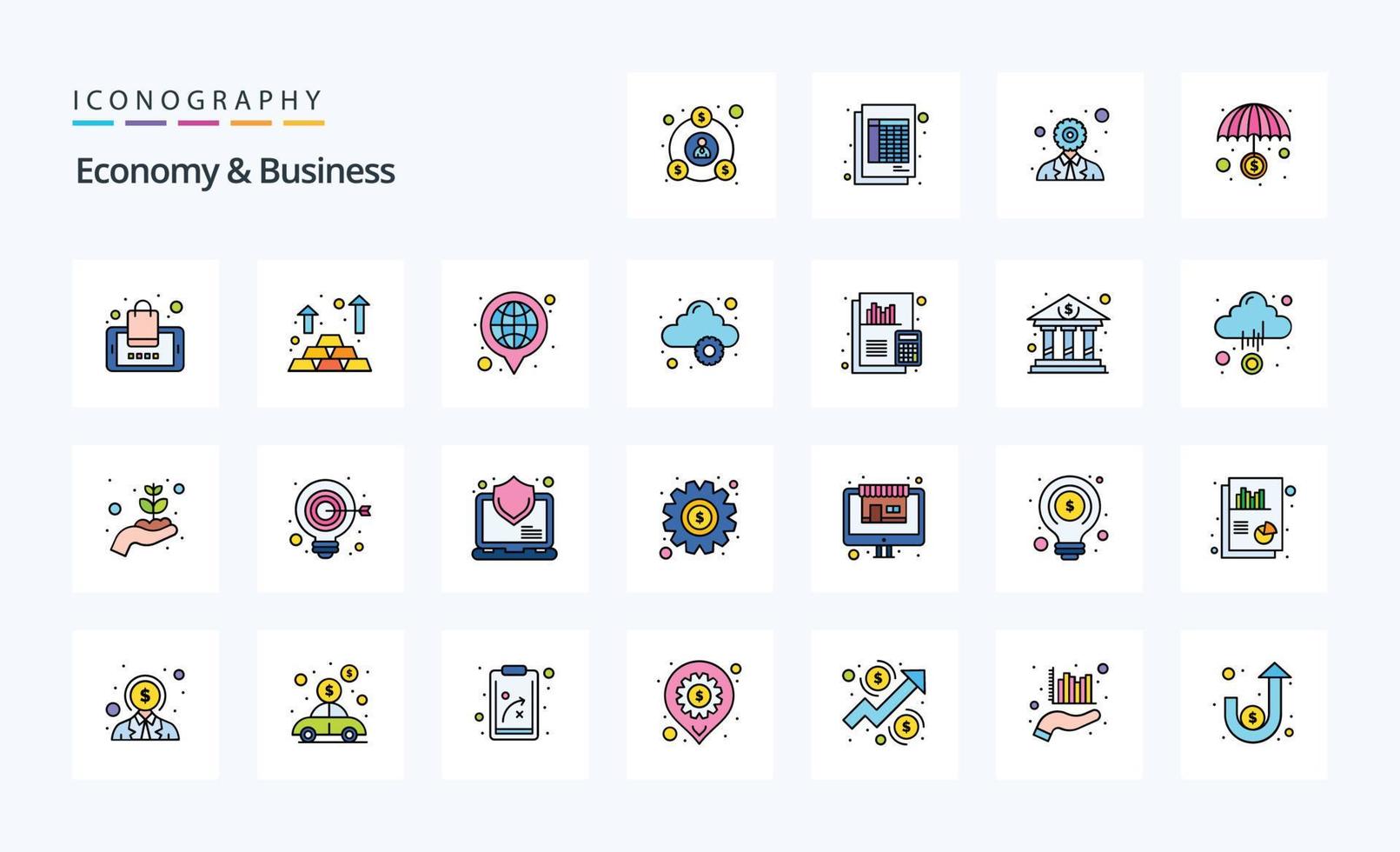 25 pack d'icônes de style rempli d'économie et de ligne d'affaires vecteur