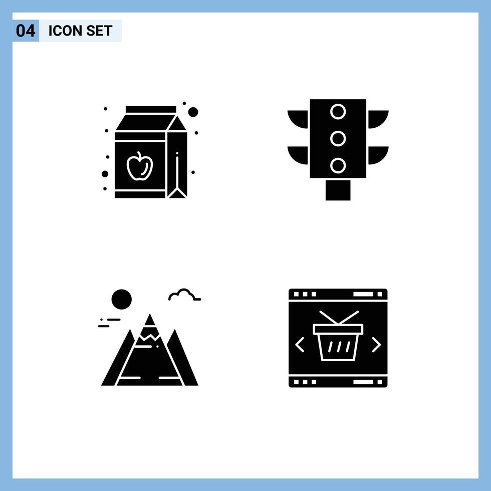 groupe de 4 signes et symboles de glyphes solides pour les éléments de conception vectoriels modifiables du panier de trafic de bouteille de soleil apple vecteur