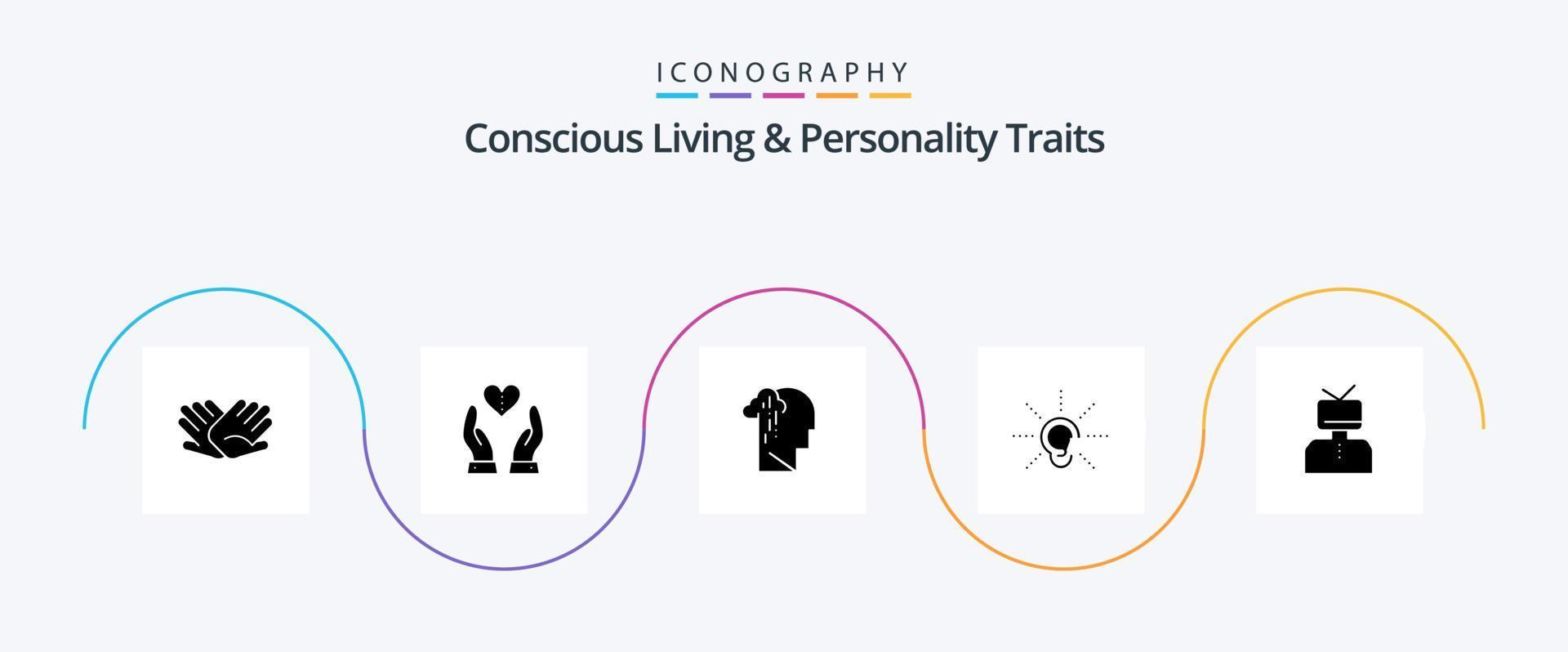 pack d'icônes glyphe 5 de traits de vie et de personnalité conscients, y compris entendre. conscience. cœur. triste. Humain vecteur