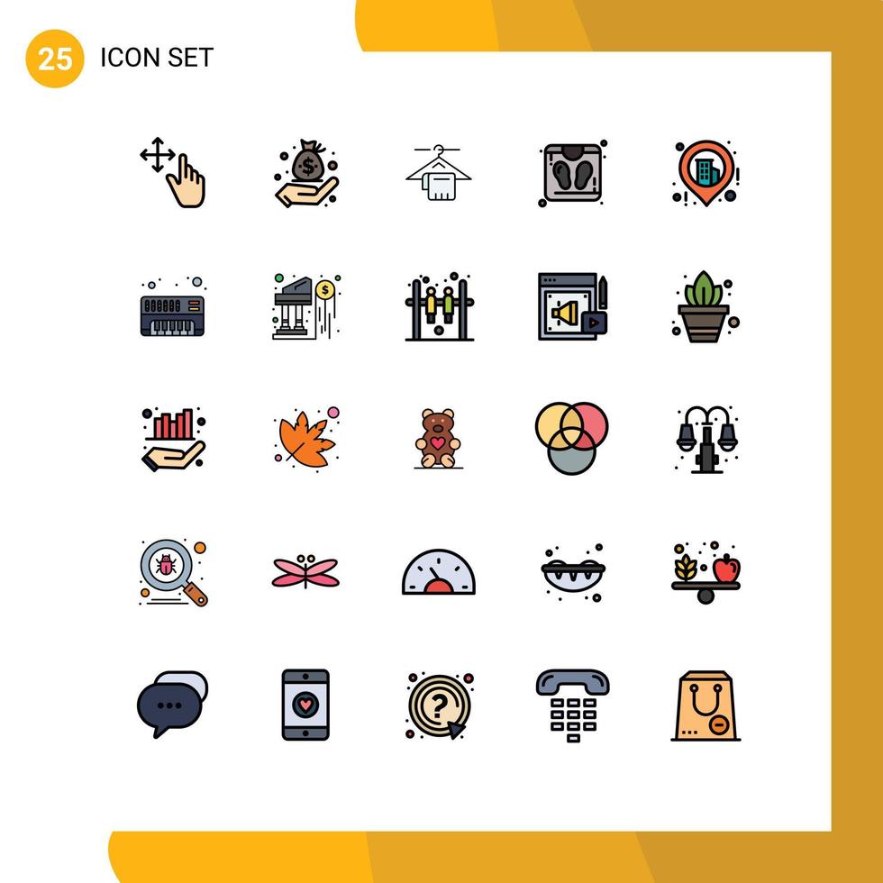 interface mobile ligne remplie couleur plate ensemble de 25 pictogrammes d'éléments de conception vectoriels modifiables à l'échelle de l'entreprise de serviette de localisation analogique vecteur