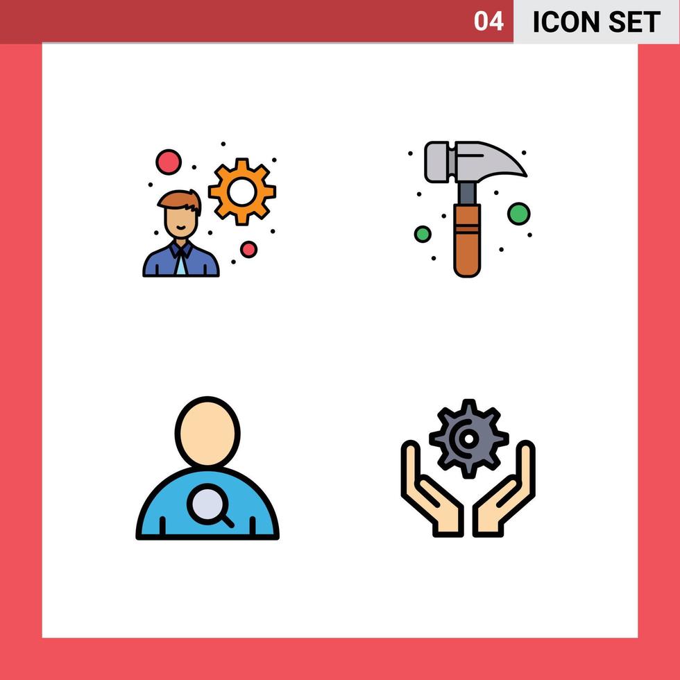 interface mobile fillline plat couleur ensemble de 4 pictogrammes de développeur mains griffe marteau employé équipement éléments de conception vectoriels modifiables vecteur