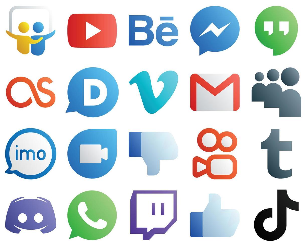 20 icônes dégradées pour les principales plateformes de médias sociaux telles que l'audio. mon espace. lastfm. icônes mail et gmail. entièrement personnalisable et professionnel vecteur