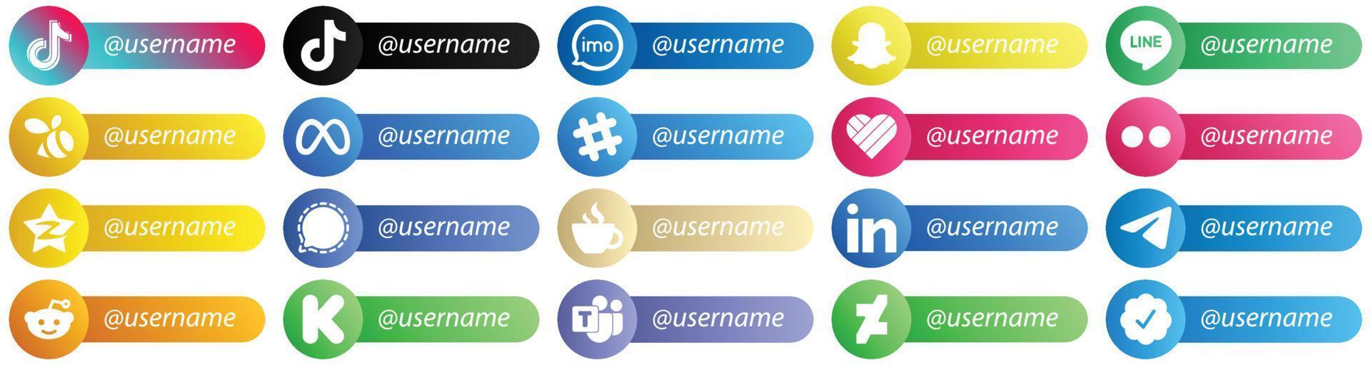 suivez-moi jeu d'icônes de style de carte de plate-forme de réseau social 20 icônes telles que yahoo. comme. icônes spotify et méta. polyvalent et haut de gamme vecteur