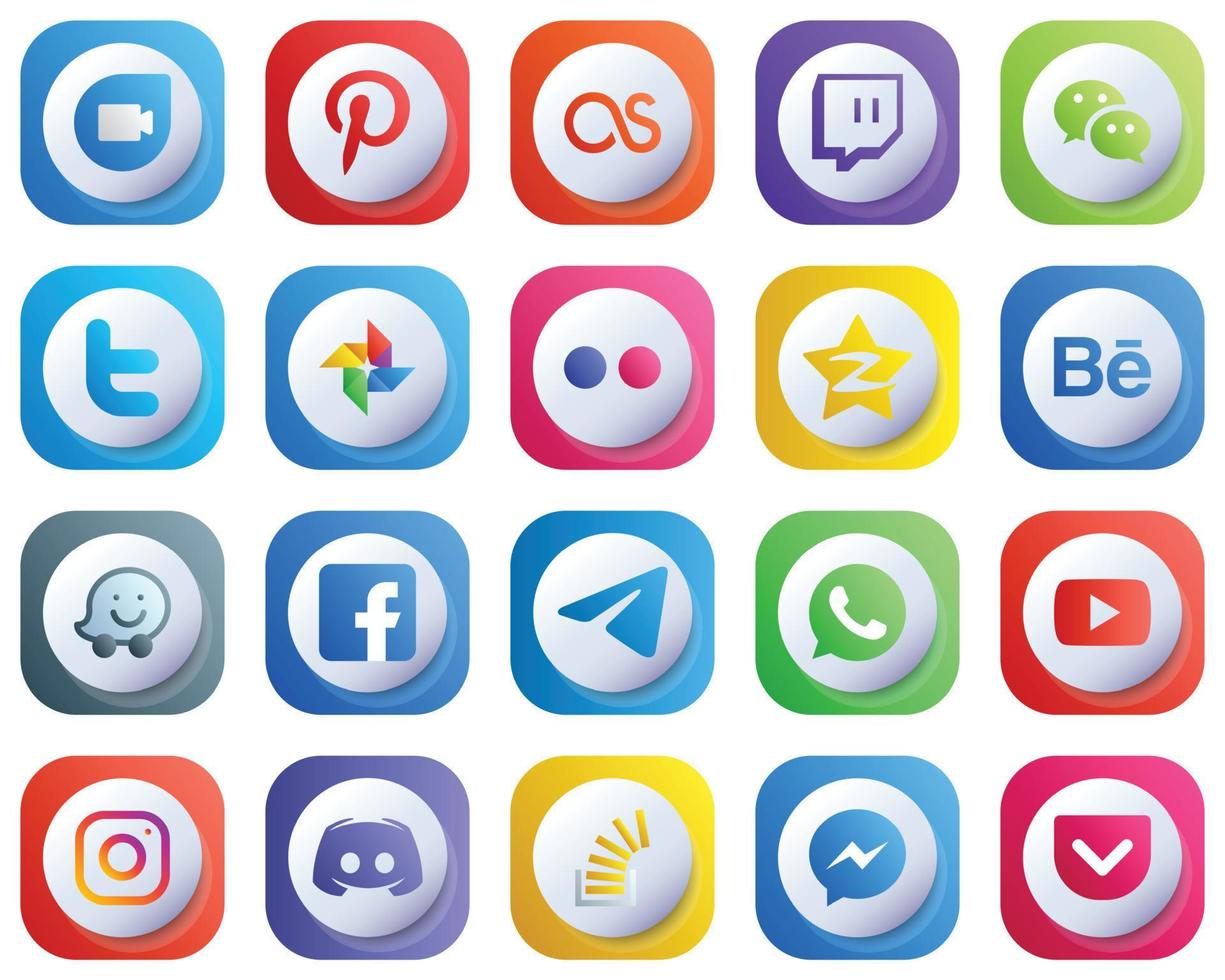 joli pack de 20 icônes de marque de médias sociaux à gradient 3d tels que fb. waze. photo google. icônes behance et tencent. haute définition et professionnel vecteur