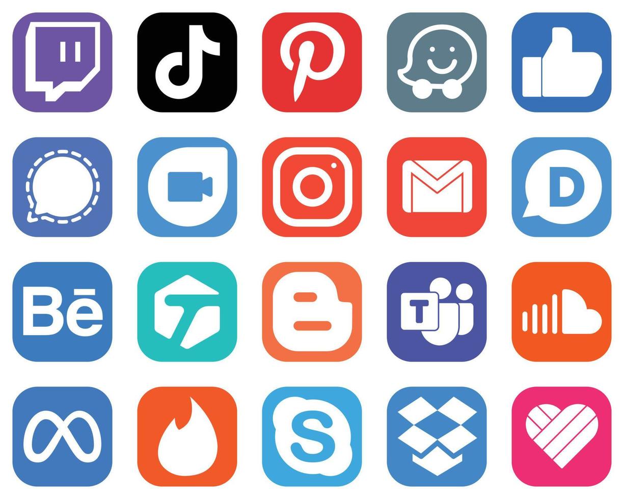 20 icônes de médias sociaux simples telles que gmail. méta. comme et icônes instagram. collection d'icônes dégradées vecteur