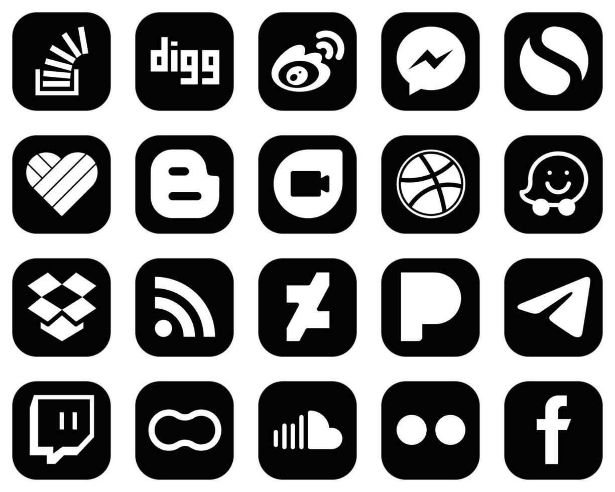 20 icônes de médias sociaux blanches et propres sur fond noir telles que dribbble. Blog. blogueur et icônes simples. moderne et minimaliste vecteur