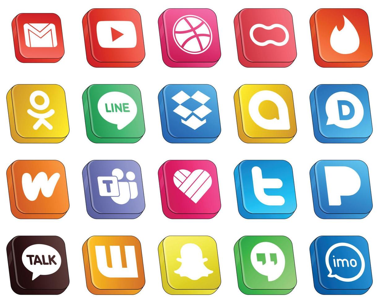 20 icônes de médias sociaux 3d isométriques de haute qualité telles que l'équipe Microsoft. wattpad. femmes. icônes disqus et dropbox. professionnel et haute définition vecteur