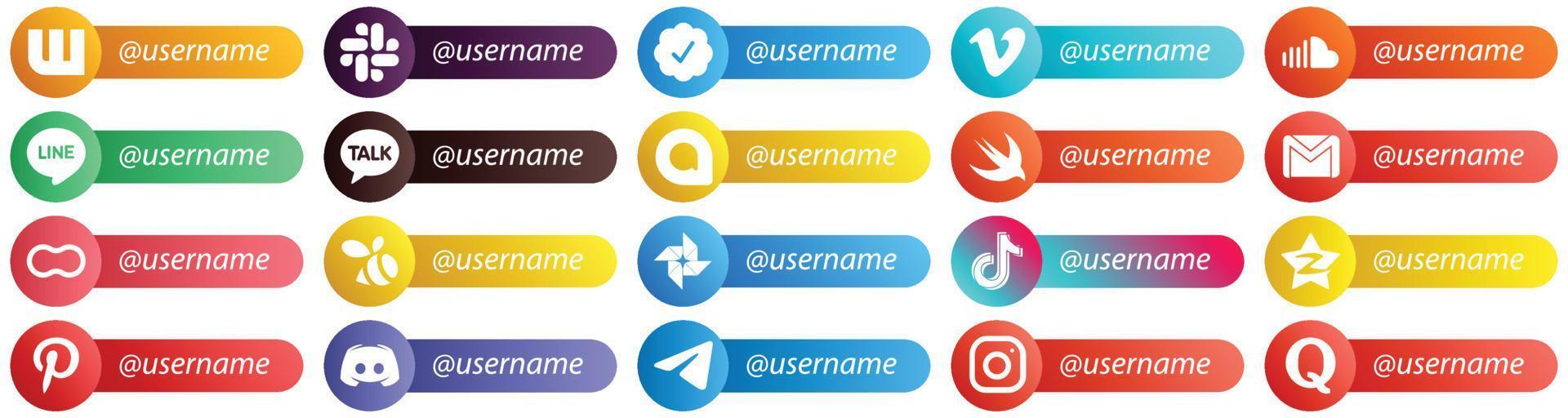 icônes de style carte pour les réseaux sociaux populaires avec le pack de 20 noms d'utilisateur tels que les femmes. arachide. la ligne. icônes mail et gmail. entièrement modifiable et unique vecteur