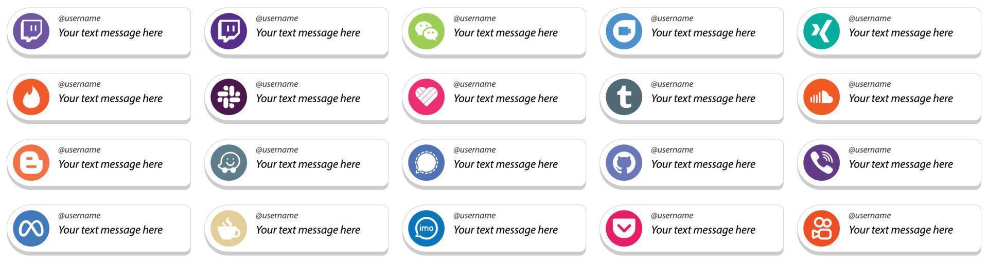 suivez-moi des icônes de médias sociaux avec un pack de 20 messages personnalisables tels que le signal. tumblr. icônes waze et blogueur. propre et minimaliste vecteur