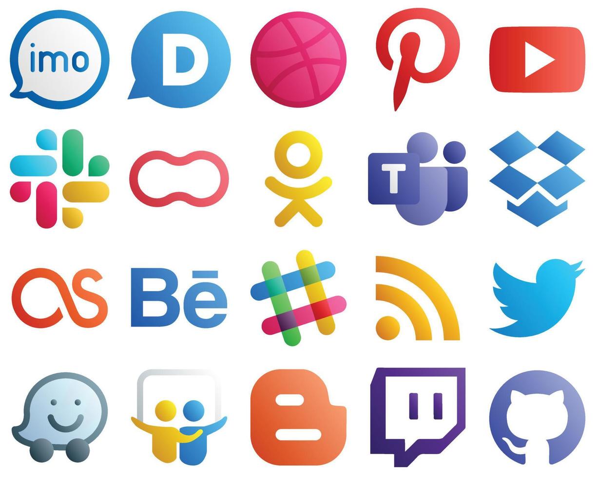 20 icônes de médias sociaux dégradés simples telles que lastfm. vidéo. icônes de l'équipe microsoft et des femmes. polyvalent et de haute qualité vecteur