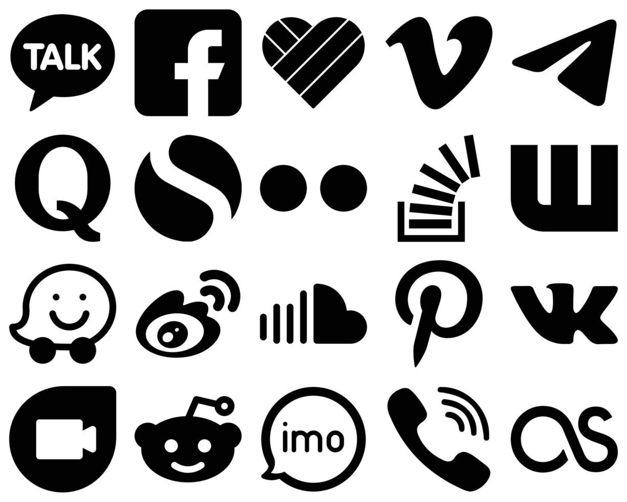 20 ensemble d'icônes solides noires minimalistes telles que le stock. débordement de stock. Messager. yahoo et des icônes simples. créatif et haute résolution vecteur