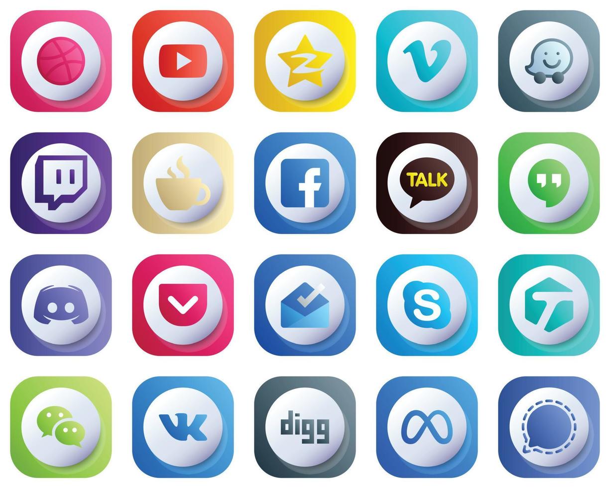 joli pack de 20 icônes de marque de médias sociaux à gradient 3d tels que google hangouts. icônes waze et fb. haute définition et professionnel vecteur