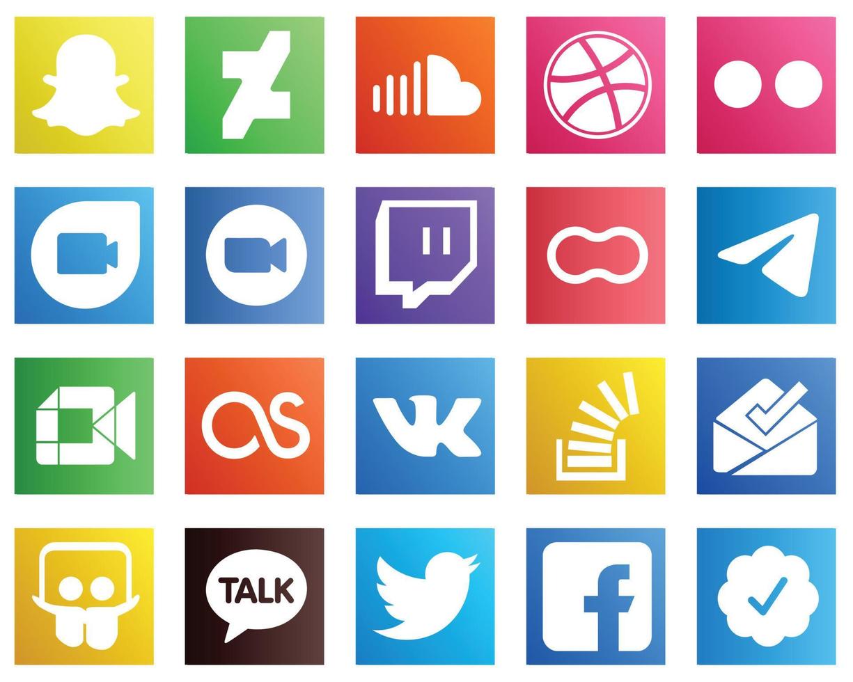 20 icônes de médias sociaux minimalistes telles que le télégramme. mères. google duo et icônes d'arachide. unique et haute définition vecteur