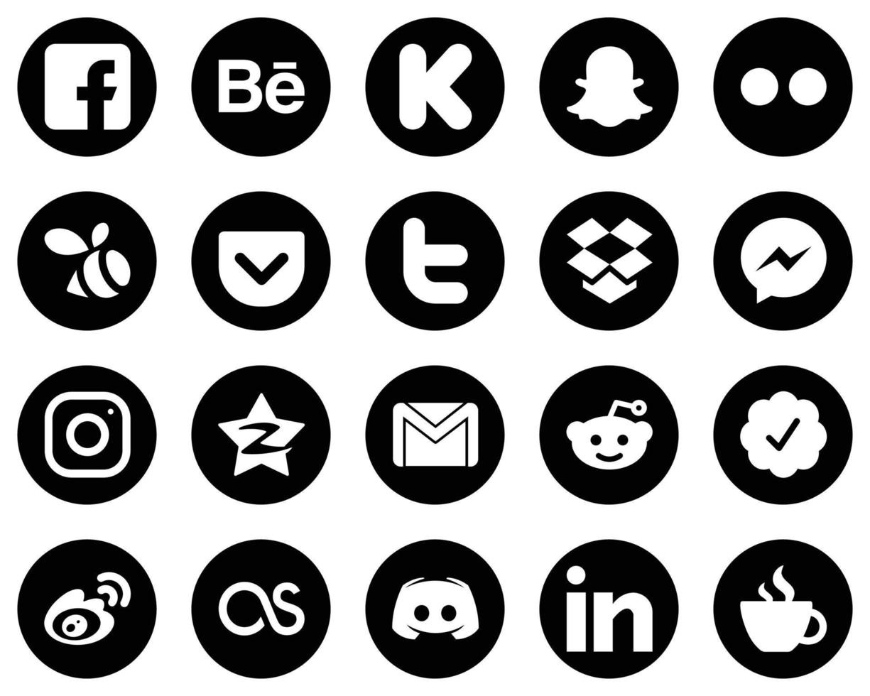 20 icônes blanches élégantes de médias sociaux sur fond noir telles qu'instagram. Facebook. Yahoo. icônes de messager et de tweet. haute définition et polyvalent vecteur