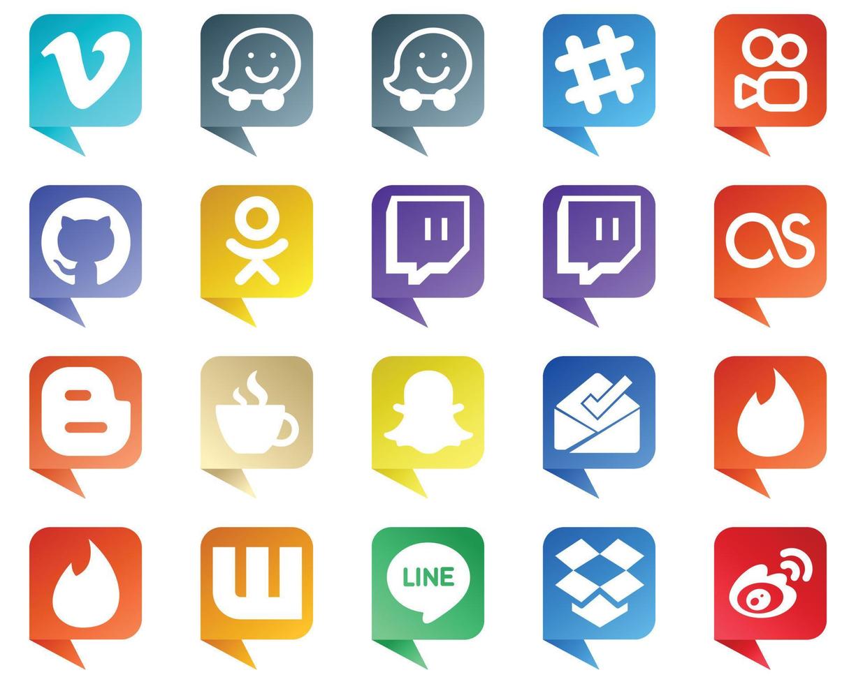 20 icônes de style bulle de chat des principales plateformes de médias sociaux telles que wattpad. boîte de réception. lastfm. snapchat et icônes de streaming. créatif et haute résolution vecteur