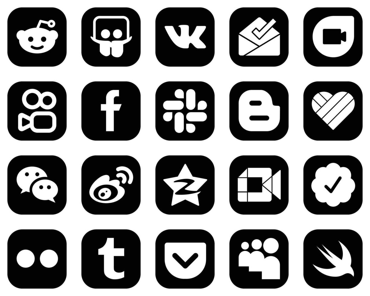 20 icônes de médias sociaux blancs professionnels sur fond noir comme la Chine. weibo. icônes de messager et de likee. de haute qualité et minimaliste vecteur