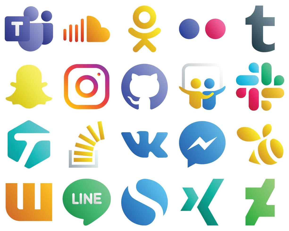 20 icônes dégradées des principales plateformes de médias sociaux telles que stockoverflow. mou. icônes tumblr et slideshare. créatif et haute résolution vecteur