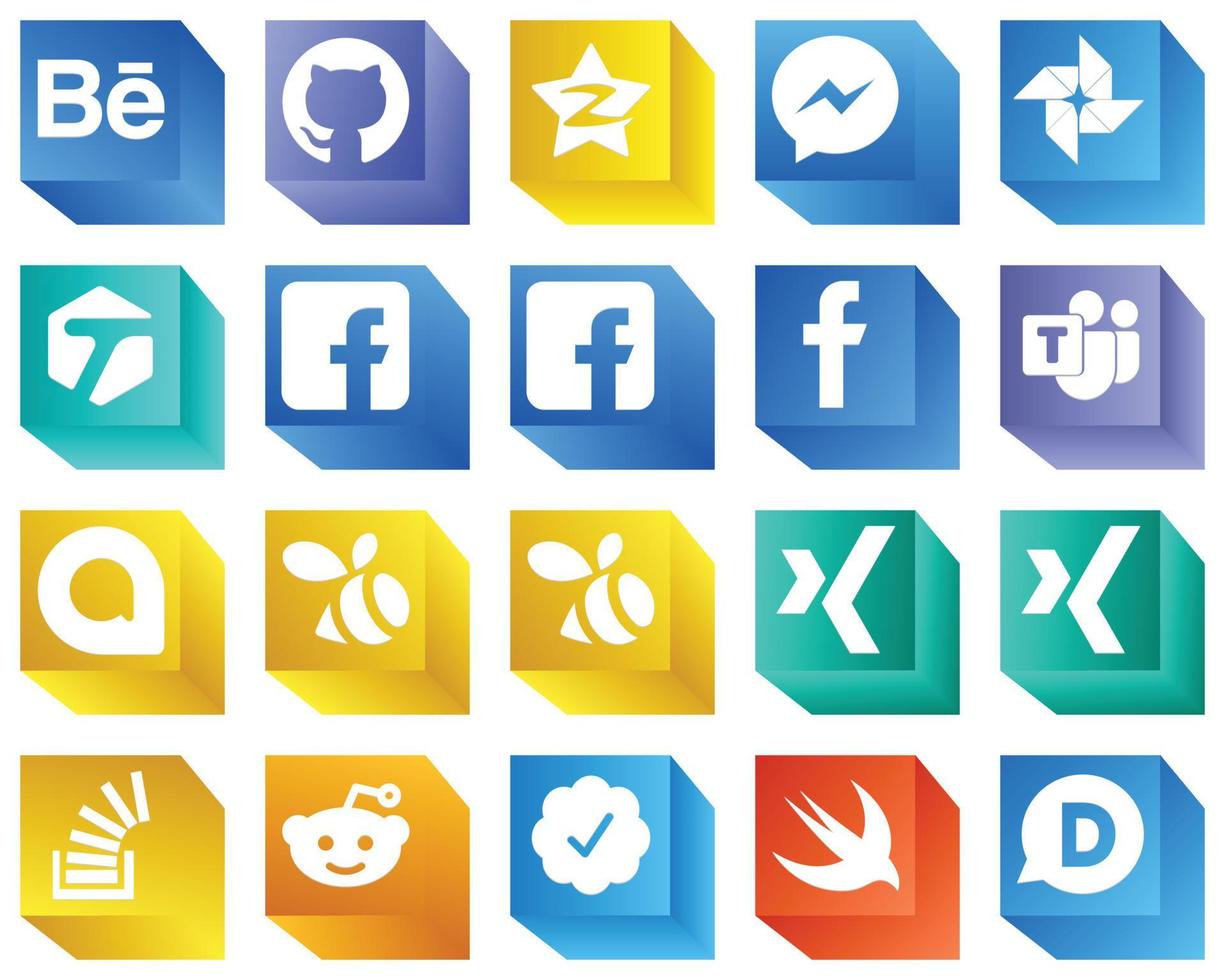icônes de marque de médias sociaux 3d pour l'application mobile pack de 20 icônes telles que xing. icônes google allo et google photo. entièrement personnalisable et de haute qualité vecteur