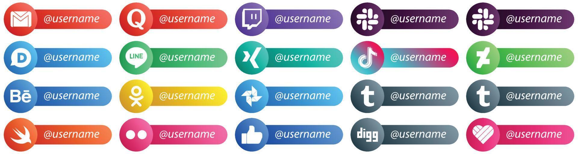 20 icônes élégantes de style de carte de plate-forme de réseau social suivez-moi telles que odnoklassniki. déviantart. icônes de ligne et vidéo. accrocheur et haute définition vecteur