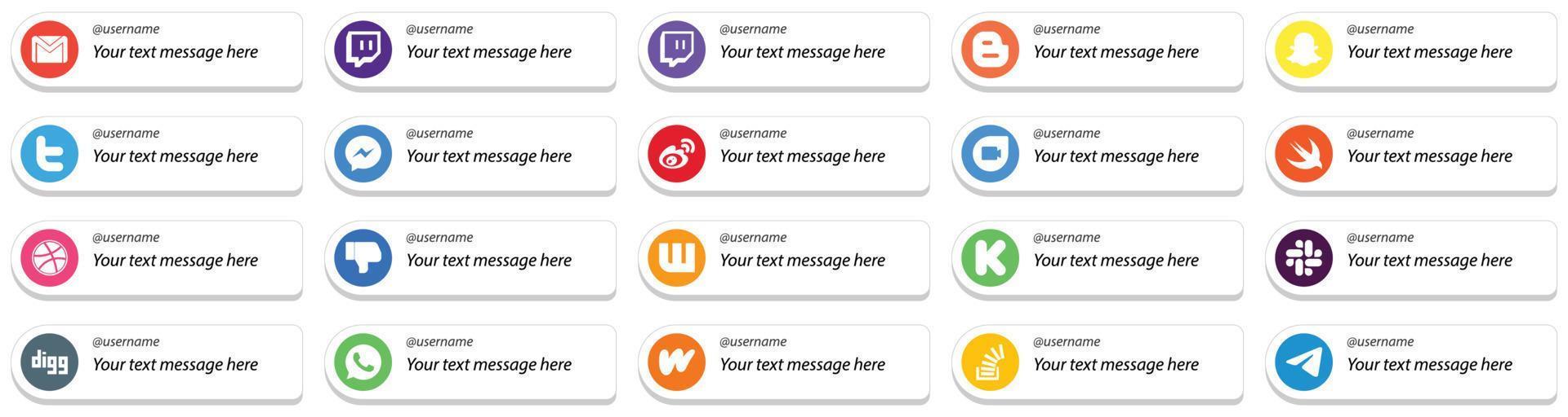 plate-forme de médias sociaux de style carte suivez-moi des icônes avec l'option de message personnalisé 20 pack tels que swift. tweeter. icônes Chine et weibo. entièrement modifiable et unique vecteur
