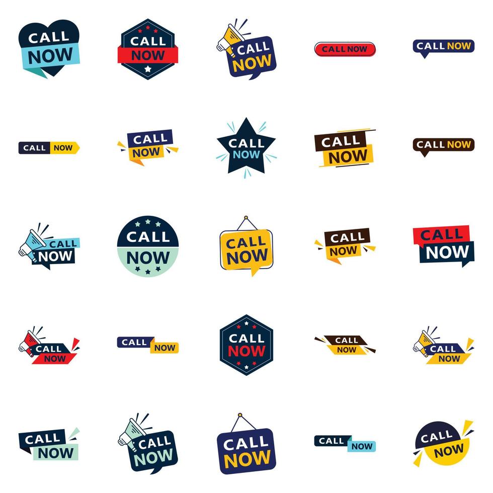 25 conceptions typographiques professionnelles pour une campagne d'appel à l'action raffinée appelez maintenant vecteur