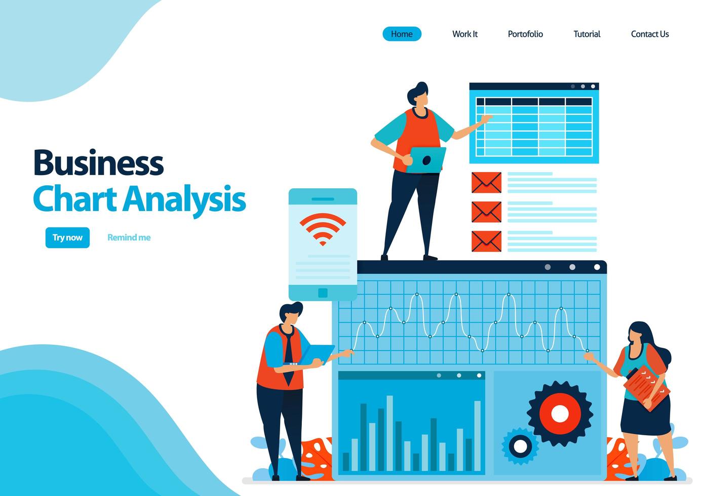 modèle de page de destination d'analyse de graphique d'entreprise pour planifier la stratégie et le développement de l'entreprise. examen et analyse des rapports de performance. illustration pour ui ux, site Web, web, applications mobiles, flyer, publicités vecteur