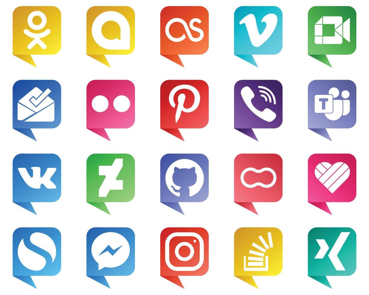 20 icônes de médias sociaux de style bulle de chat minimaliste telles que vk. équipe microsoft. icônes de boîte de réception et viber. accrocheur et de haute qualité vecteur