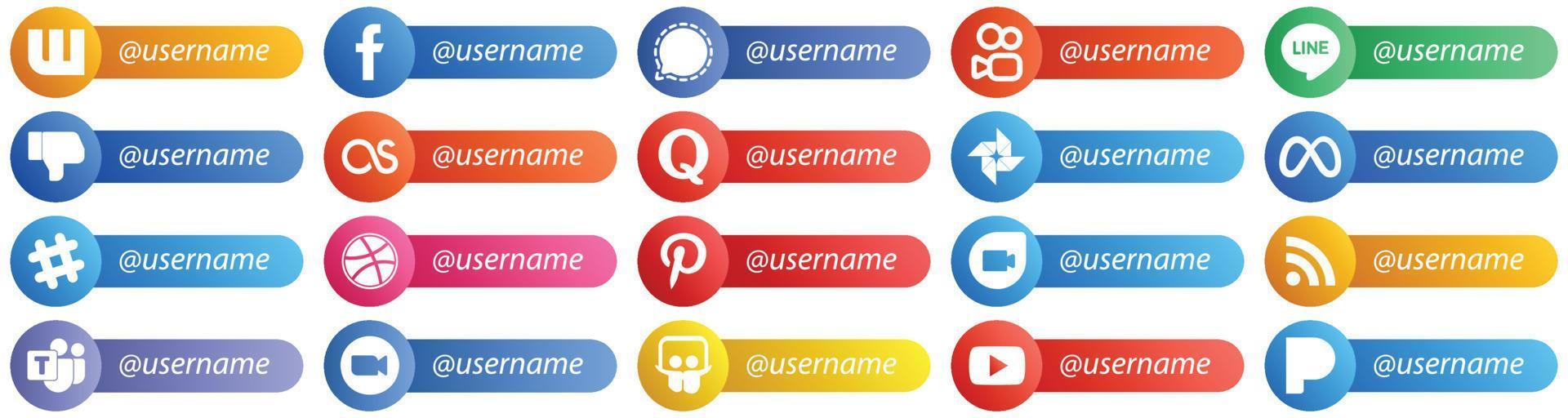 20 icônes de style carte pour les réseaux sociaux populaires avec un nom d'utilisateur tel que spotify. méta. la ligne. icônes google photo et quora. haute définition et polyvalent vecteur