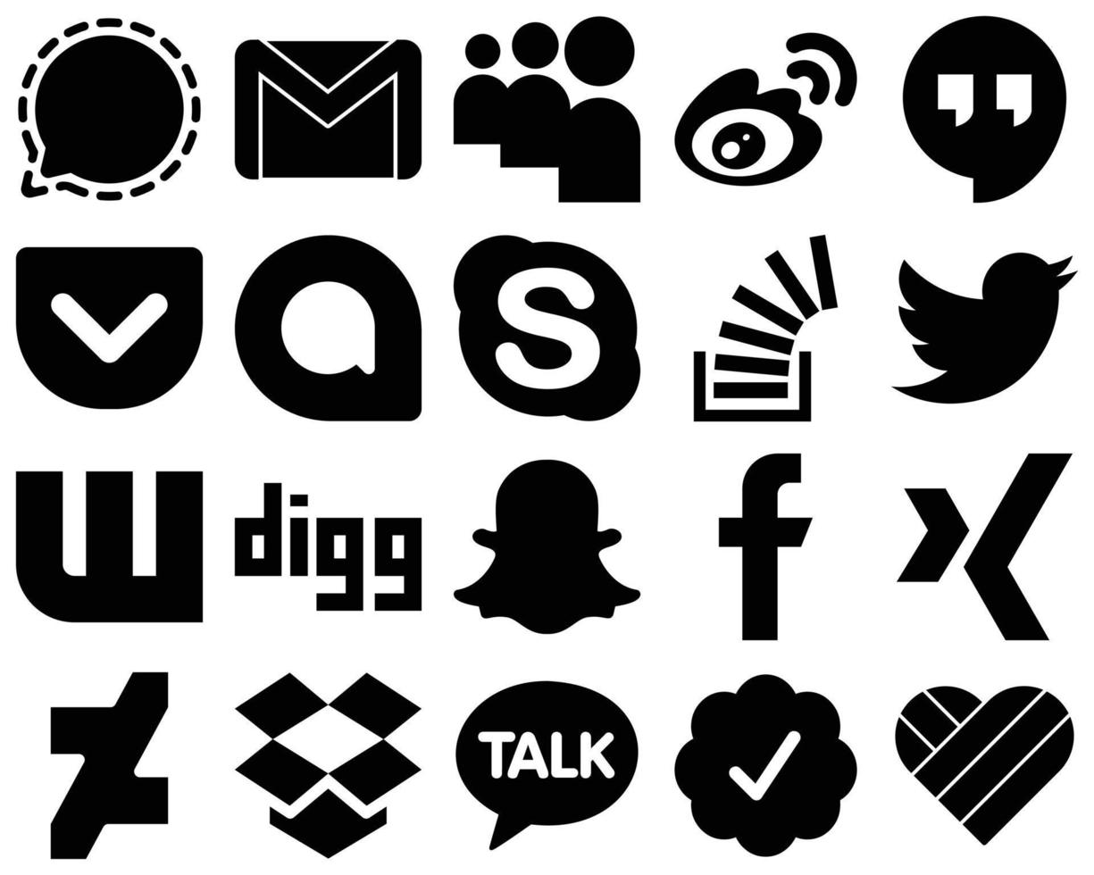20 icônes de médias sociaux solides noires polyvalentes telles que la question. discuter. sin. icônes skype et de poche. accrocheur et haute définition vecteur