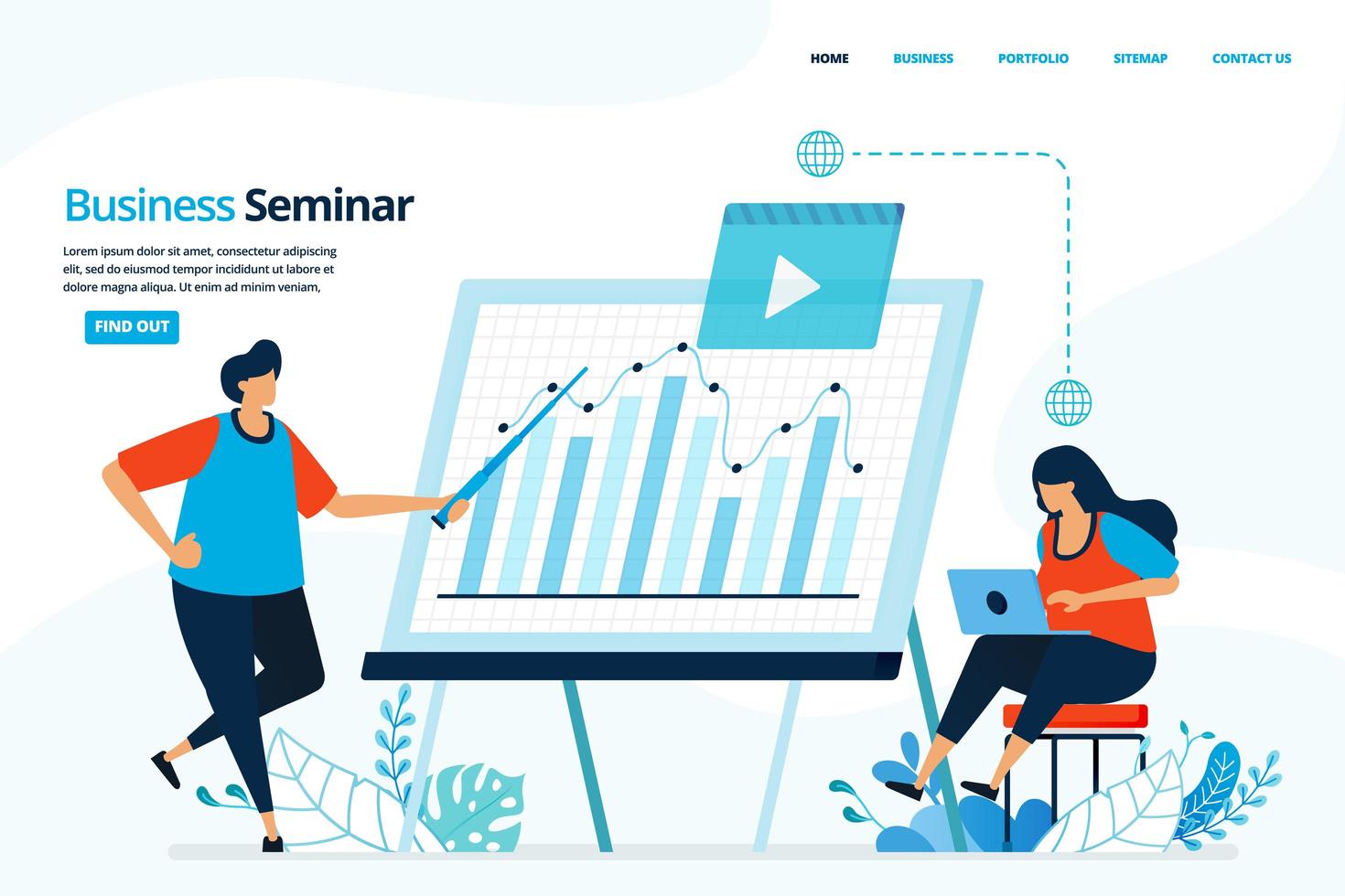 illustration humaine de vecteur de séminaire d'entreprise. présentation de rapports en planification et analyse stratégique. peut utiliser pour la page de destination, le modèle, le Web, l'application mobile, l'affiche, la bannière, le dépliant, le site Web d'arrière-plan