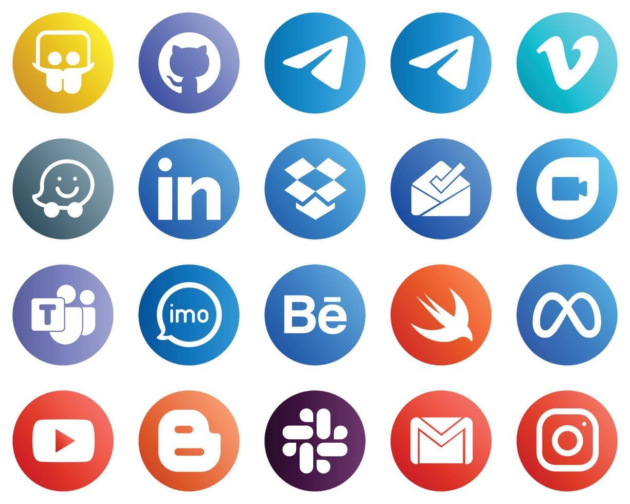 20 icônes de médias sociaux modernes telles que la vidéo. imo. Icônes Linkedin et Google Duo. accrocheur et modifiable vecteur