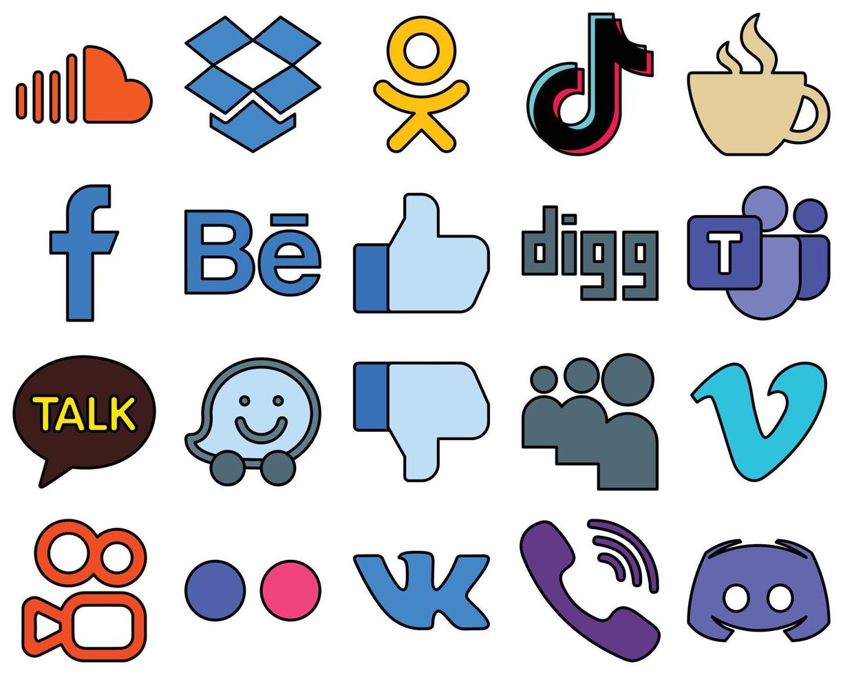 20 icônes de médias sociaux remplies de lignes exceptionnellement conçues telles que like. chine et fb haute résolution et professionnel vecteur