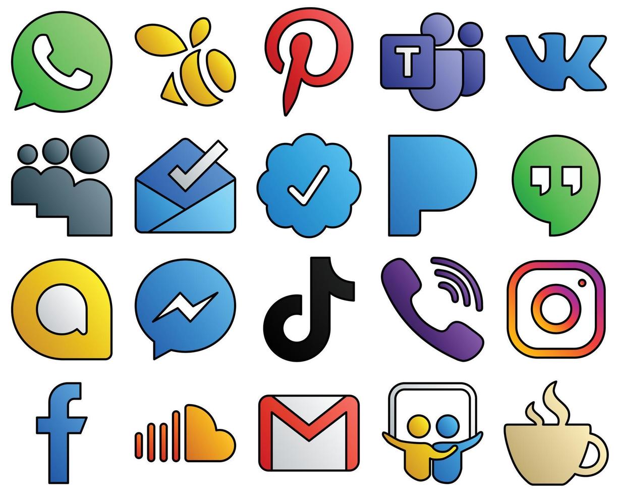 Vidéo de 20 icônes personnalisables. TIC Tac. badge vérifié par twitter. fb et messenger collection d'icônes de médias sociaux de style ligne remplie vecteur
