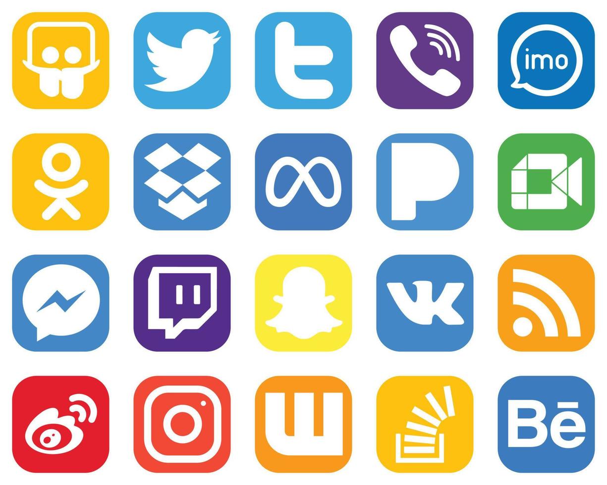 20 icônes de médias sociaux de haute qualité telles que Google Meet. vidéo. icônes pandora et méta. jeu d'icônes de médias sociaux dégradé vecteur