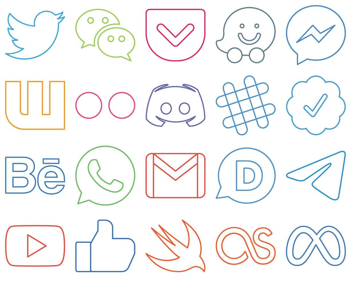 20 icônes de médias sociaux aux contours colorés et minimalistes, telles que le badge vérifié par Twitter. fb. texte et discorde haute définition et modifiable vecteur