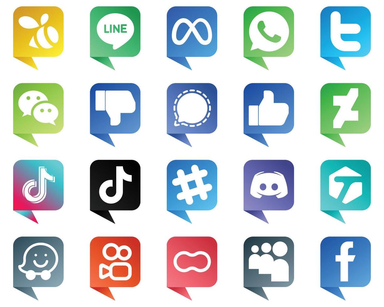 les icônes de médias sociaux de style bulle de chat contiennent 20 icônes telles que tiktok. Facebook. Messager. icônes comme et mesenger. haute résolution et entièrement personnalisable vecteur