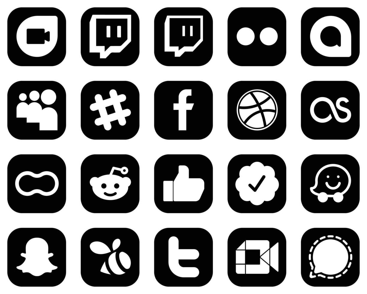 20 icônes de médias sociaux blanches de haute qualité sur fond noir telles que facebook. reddit. fb. femmes et icônes d'arachide. entièrement modifiable et unique vecteur