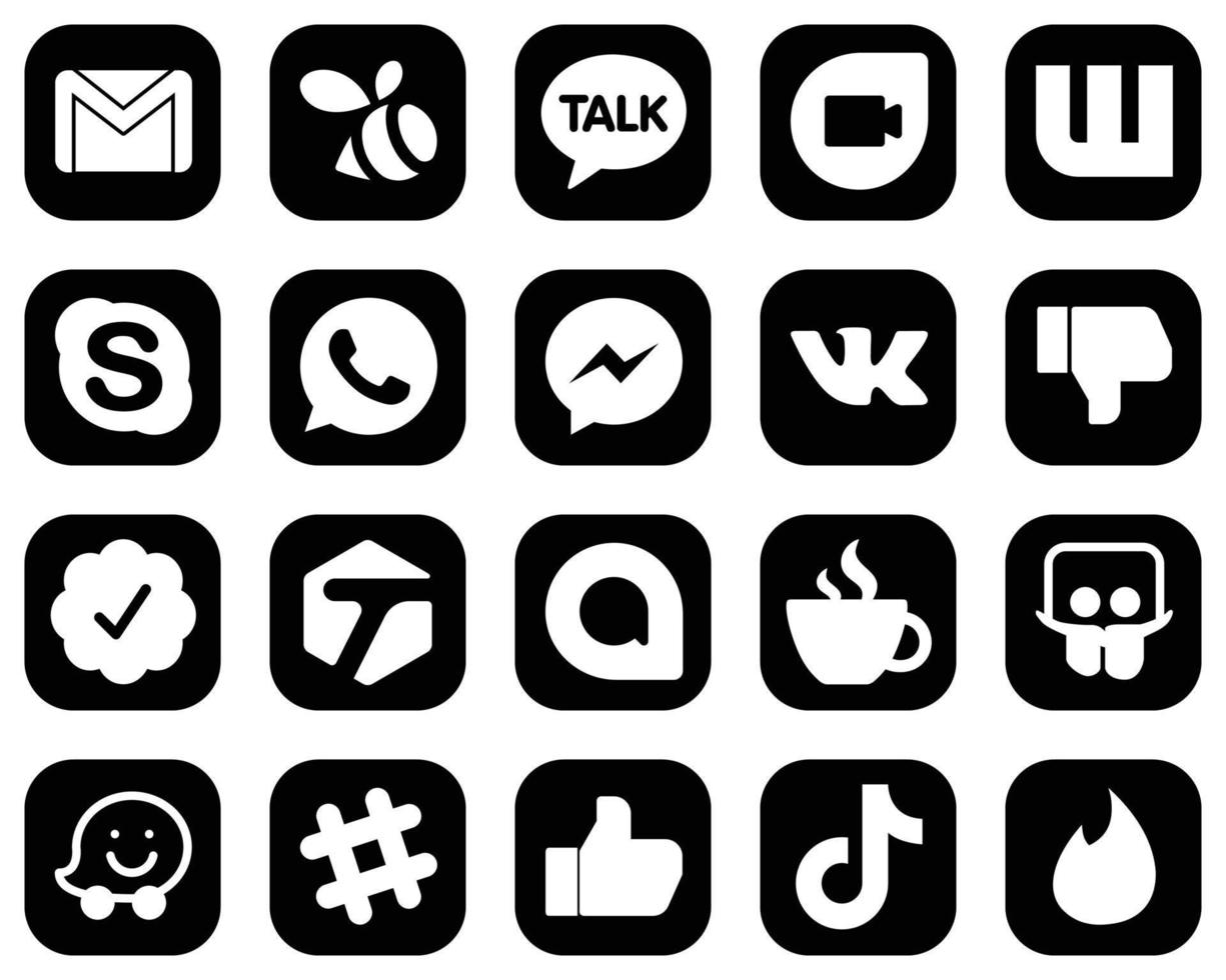 20 icônes de médias sociaux blanches premium sur fond noir telles que étiquetées. Facebook. discuter. n'aiment pas les icônes fb. élégant et unique vecteur