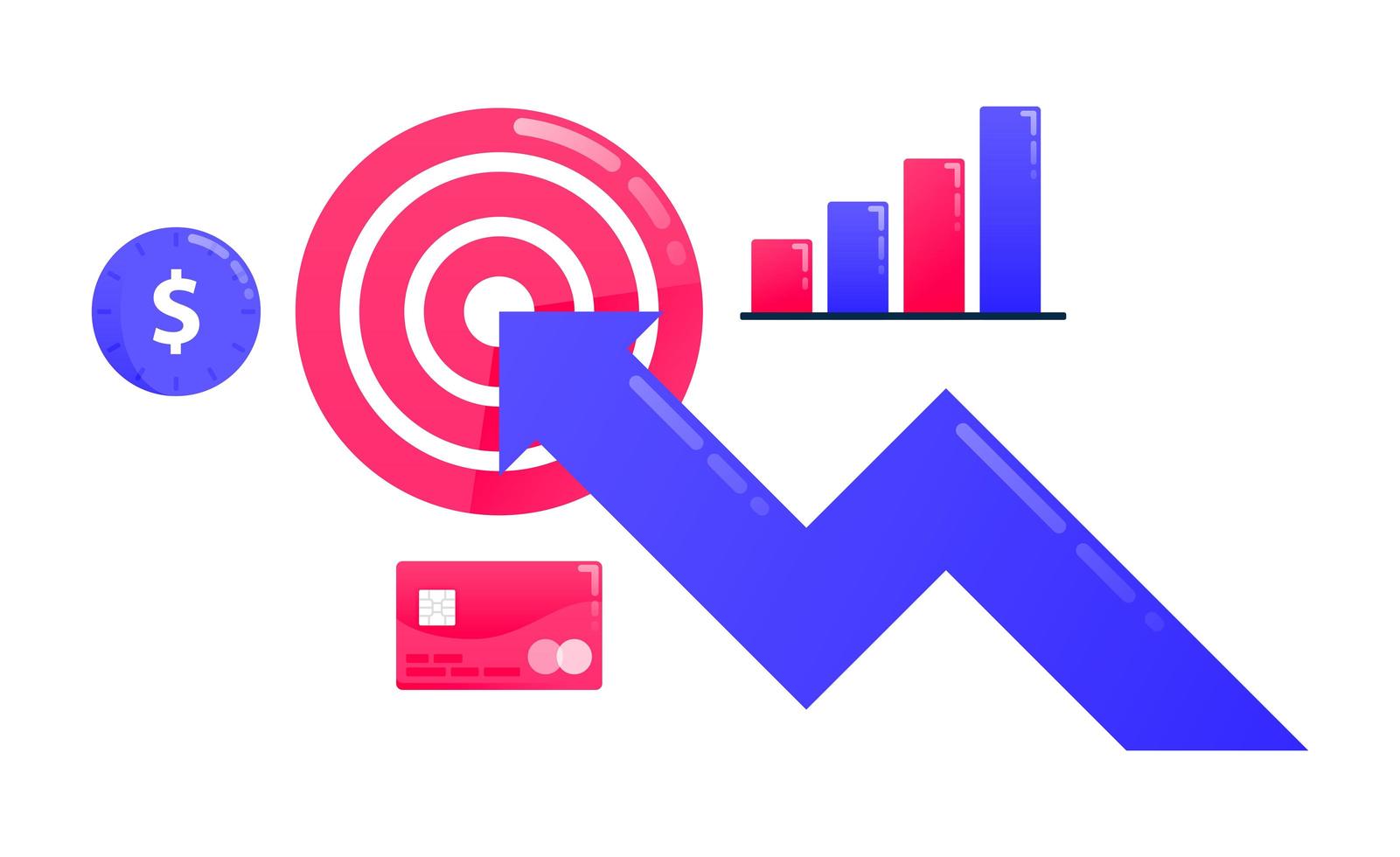 conception pour atteindre les objectifs, les objectifs commerciaux, les flèches et les fléchettes, la motivation commerciale, les graphiques commerciaux, la performance financière. peut également être utilisé pour les affaires, la conception d'icônes et les éléments graphiques vecteur